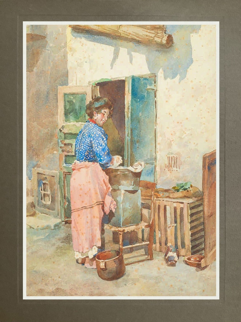 E. Caruana Dingli, A Maltese Woman Working at a Kitchen Door