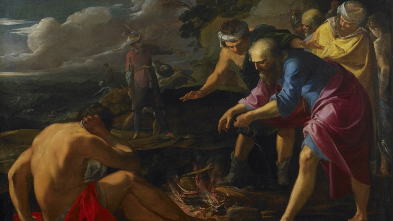 Acts 28:1-6 is illustrated showing Paul being perceived by the Malta inhabitants as a God
