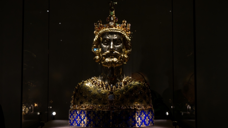 Golden reliquary in the Treasury Museum of Aachen Cathedral, Germany.