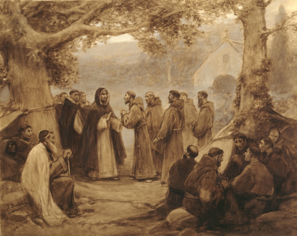 Meeting between Saint Francis of Assisi and Saint Dominic, drawing by José Benlliure. Public Domain