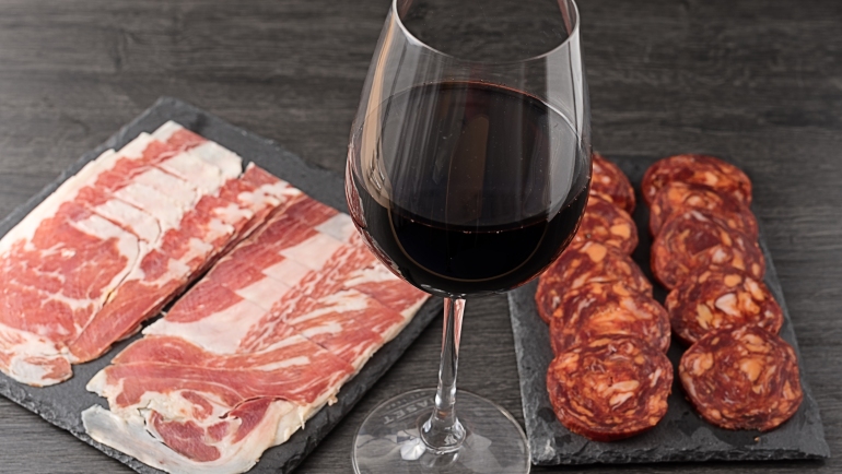 iberico sausage, iberico ham and a good wine denomination of origin ribera del duero