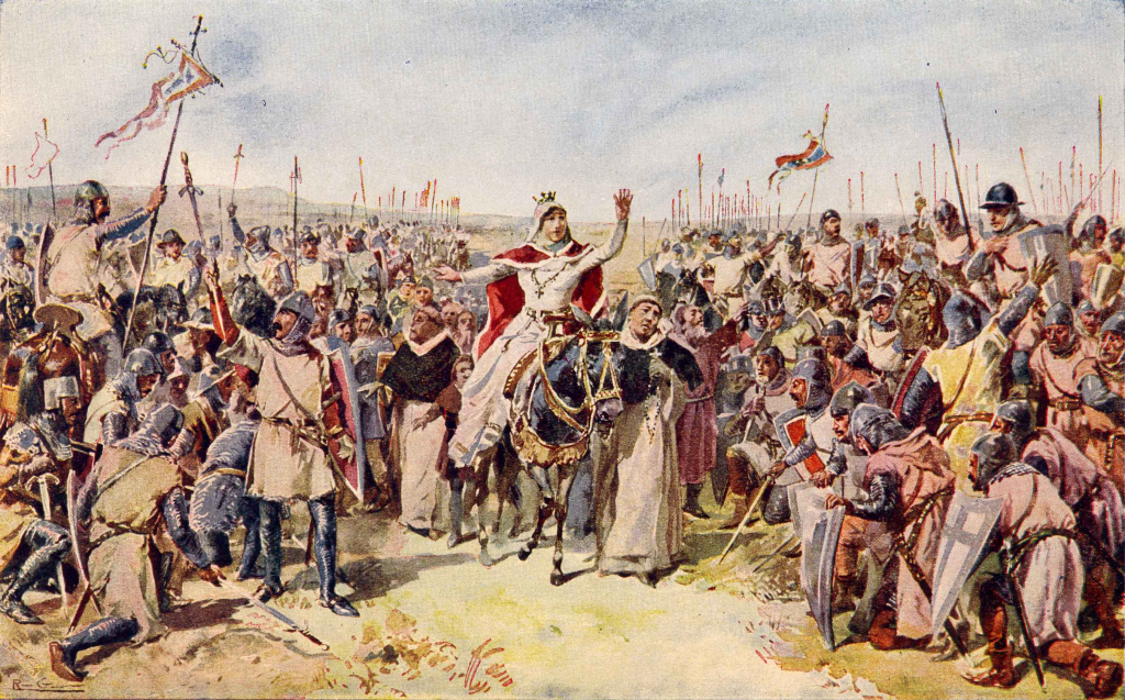 "Saint Elizabeth of Aragon in the Alvalade battlefield", by Roque Gameiro, in Quadros da História de Portugal ("Pictures of the History of Portugal", 1917).