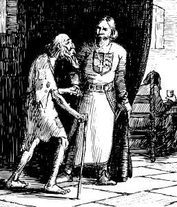 Cid Campeador, this scene shows a man helping an old man, holding the old man's hand and walking