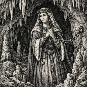 Princess Manfada locked in the cave. Recreation created with AI-Shutterstock