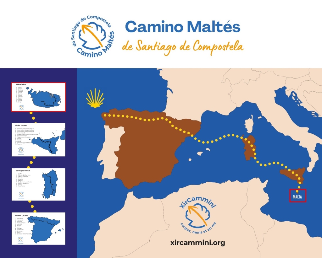 Map of Camino Maltes from Malta to Santiago de Compostela