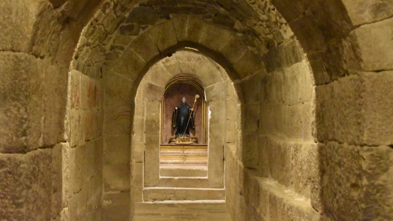 View of the Saint Virila tunnel in the primitive Romanesque crypt of the Church of Holy Savior of Leyre (Iglesia de San Salvador de Leyre), Navarre
