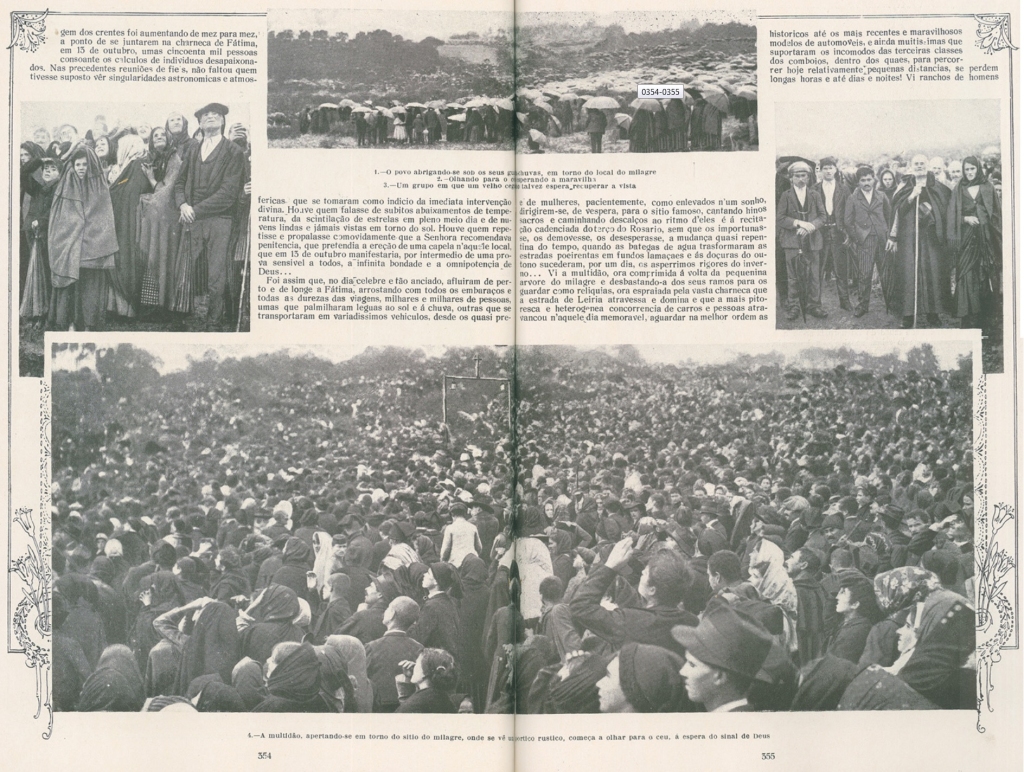 Une copie photostatique des pages de Ilustração Portuguesa, du 29 october 1917, montrant la foule assistant au "miracle du soleil" lors des apparitions mariales de Fatima