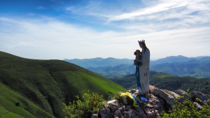 Statue of the Virgin called La Virgen de Biakorri on the road on the first stage of the Camino de Santiago in the Pirineos from Saint Jean Pied de Port to Roncesvalles