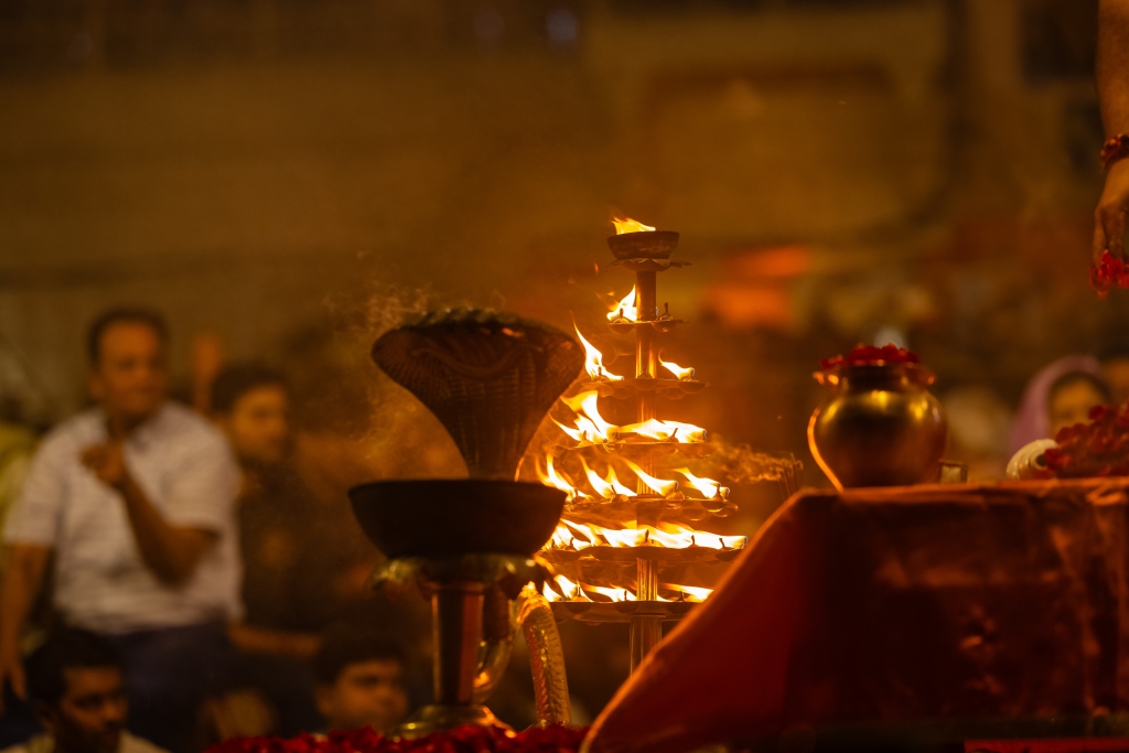 Ganga Aarti rituals on the riverbank in Varanasi.