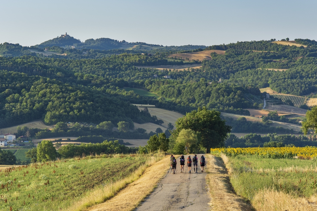 Pilgrims on the Way of St. Francis to Assisi through the Umbria region of Italy.